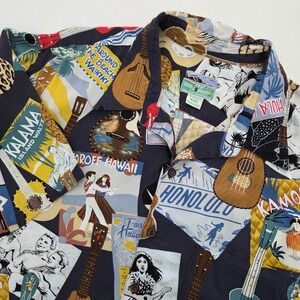 Reyn Spooner Shirt Multicolor Postcard Ukulele Print Rayon Mens XXL